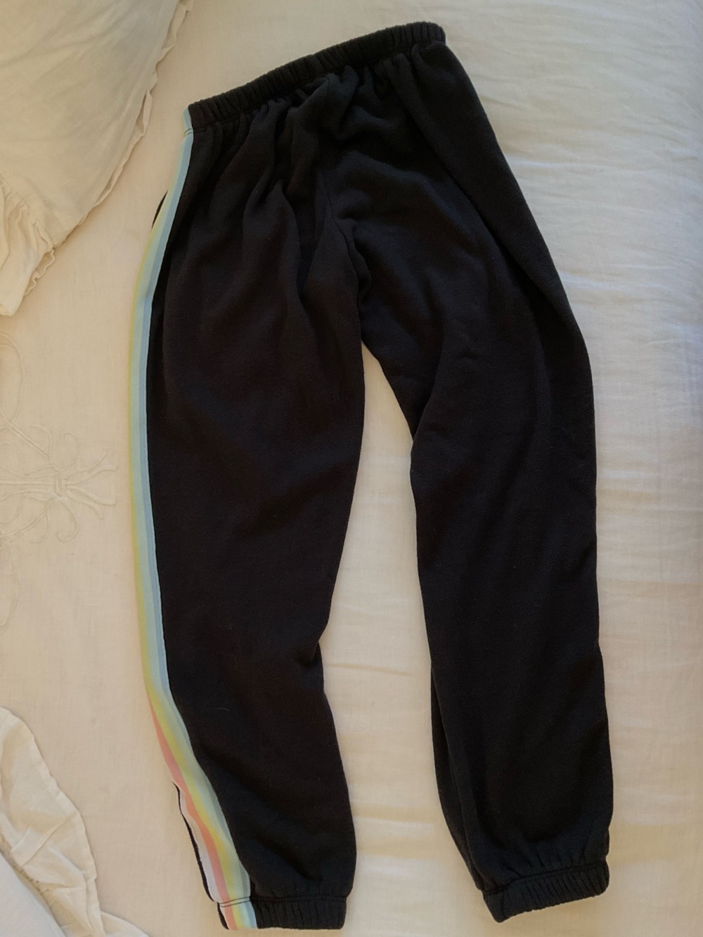 Spiritual Gangster Low Rise Sweats Black Track Pants with Rainbow Side Stripes - Picture 4 of 4